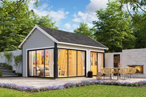 Gartenhaus Blockhaus Murano 3 grau 44 mm - Gartenhaus mit Satteldach, 21.58 m² Nutzfläche, abschließbar und aus robustem Holz, ideal für Garten und Lagerung.