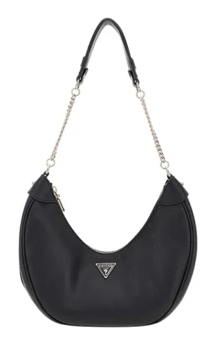 GUESS Damen Fedora Hobo Schultertasche Schwarz - Elegante Damen-Schultertasche mit glänzenden goldfarbenen Beschlägen, ideal für stilvolle Auftritte und praktische Innenorganisation.
