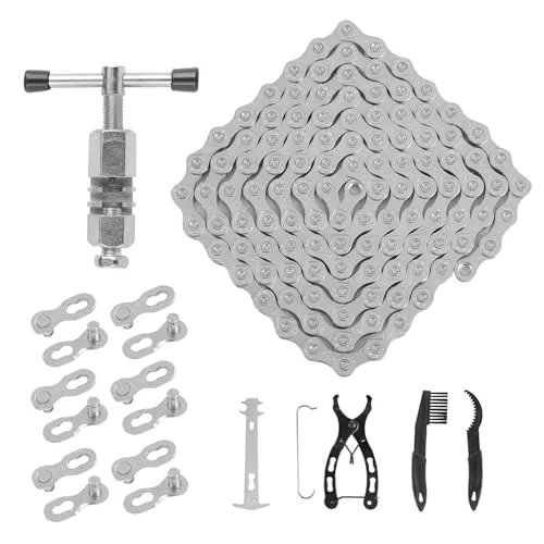 Fahrradkette - 6/7/8 Fach Fahrrad Kette 1/2 x 3/32 Inch 116 Glieder - Kettenwerkzeug Set - Aluminiumlegierung - Kettenbrecher - Für die Kettenreparatur von Mountainbike, Rennrad (Silber)