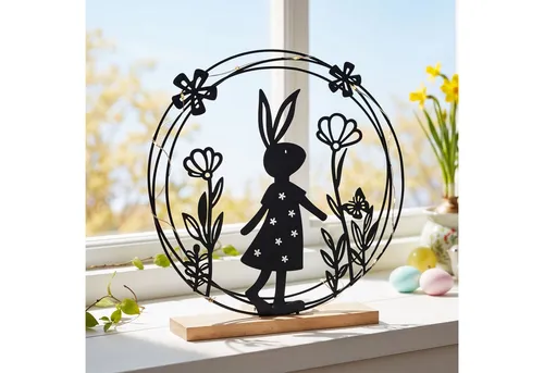 Levandeo® Osterfigur LED Deko Aufsteller Ostern Metall Schwarz Hase Blume MDF Holz Osterdek