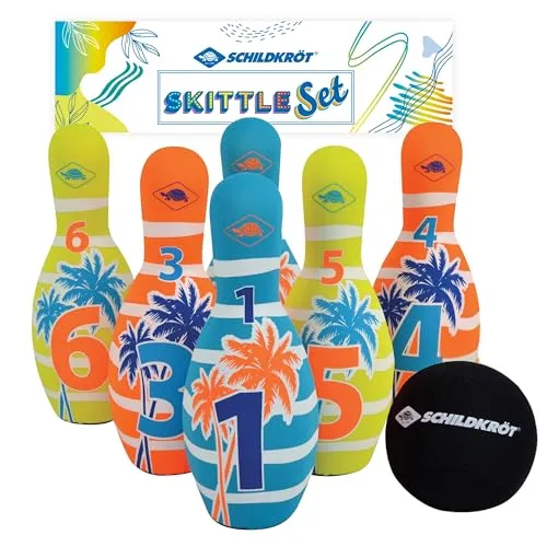 Schildkröt Neopren Kegel Set - Sonstige, leichtes und wasserfestes Kegelset für drinnen und draußen, ideal für Kinder und Erwachsene, mit 6 bunten Kegeln und einer Kugel in praktischer Netztasche.