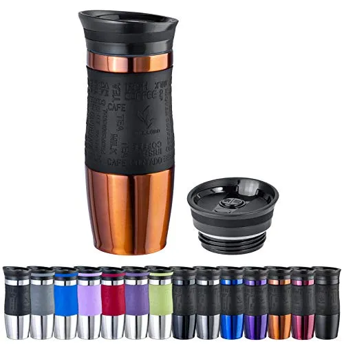 WELLGRO Thermobecher 400 ml + 1 Extradeckel - Edelstahl rostfrei - Silikon Soft-Touch Griffstück - BPA-frei - Isolierbecher doppelwandig - Travel Mug - Kaffeebecher to go, Farbe:Kupfer Metallic