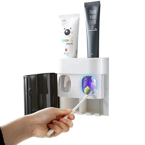 Zosenyer Zahnpastaspender mit Zahnbürstenhalter - Praktischer Zahnbürstenhalter mit doppeltem Zahnpastaspender, einfache Wandmontage ohne Bohren und hygienische Aufbewahrung für die ganze Familie.