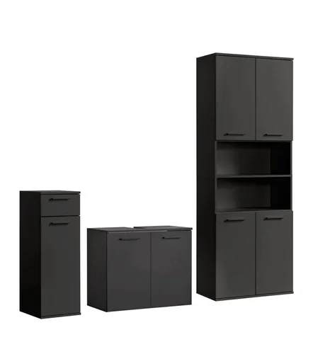 mokebo Badmöbel-Set Der Steuermann, 3-teilig in Schwarz - Hochwertiges Badmöbel-Set aus strapazierfähiger Spanplatte, ideal für kleinen Raum. Modernes Design mit viel Stauraum für Handtücher und Kosmetika. Einfacher Paketversand direkt zu dir nach Hause!