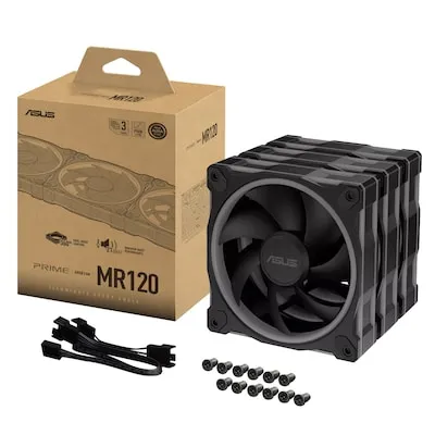 Asus Prime MR120 ARGB Gehäuselüfter 3in1 - Hochleistungs-Gehäuselüfter mit 28-mm-Rahmen für optimale Kühlung und leisen Betrieb bis 21 dB(A). 20 RGB-LEDs für beeindruckende Beleuchtung und Aura Sync-Kompatibilität für koordinierte Lichteffekte.