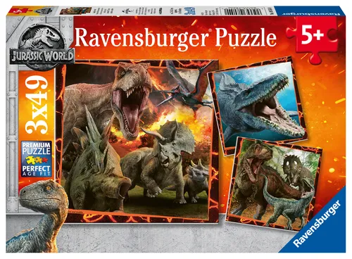 Ravensburger Kinderpuzzle 08054 - Jurassic World 2, 3 x 49 Teile, sicherer Puzzlespaß für Kinder ab 5 Jahren mit Mini-Postern als Motivvorlagen