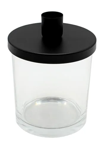 Dekohelden24 Stabkerzenhalter - Dekorationsglas - Glas mit Deckel aus Metall für 1 Stabkerze, schwarz, Glas zum individuellen Dekorieren, Größe: H/Ø ca.14 x 10 cm