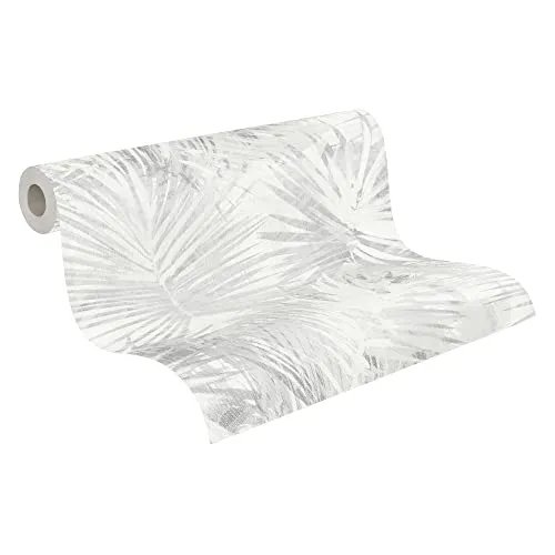 A.S. Création Livingwalls Hygge Vliestapete mit Palmenmotiv 0,53 x 10,05 m – Grau, Beige – Dschungel Tapete mit Blättermotiv Made in Germany – 363851