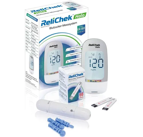 ReliChek Blutzuckermessgerät Halo - Starterset mit Teststreifen und Lanzetten - Praktisches Starterset für die Blutzuckermessung: Inklusive 60 Teststreifen, 10 Lanzetten und Lanzettiergerät. Ideal für eine einfache und präzise Anwendung zu Hause.