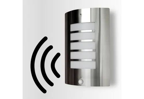 Maxkomfort Außen-Wandleuchte 115A mit Bewegungsmelder - Moderne Außenwandleuchte aus V2A-Edelstahl, IP44 geschützt und ideal für jeden Außenbereich. Der integrierte Bewegungsmelder sorgt für Sicherheit und individuelle Lichtgestaltung.