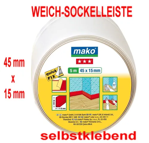  5m Weich Sockel-Leiste PVC Knickprofil selbstklebend 45x15mm weiß 1,79€/m