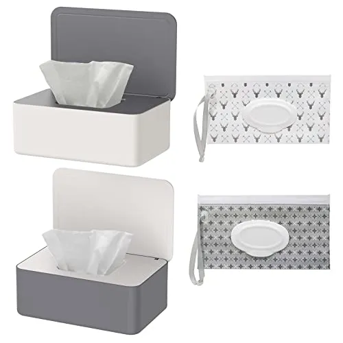 Feuchttücher Set mit Box und Taschen, Baby Feuchttücherbox - Praktisches Set mit 2 Feuchttücherboxen und 2 Taschen, ideal für die Aufbewahrung von Babytüchern, robustes und elegantes Design, geeignet für Küche, Bad und unterwegs.