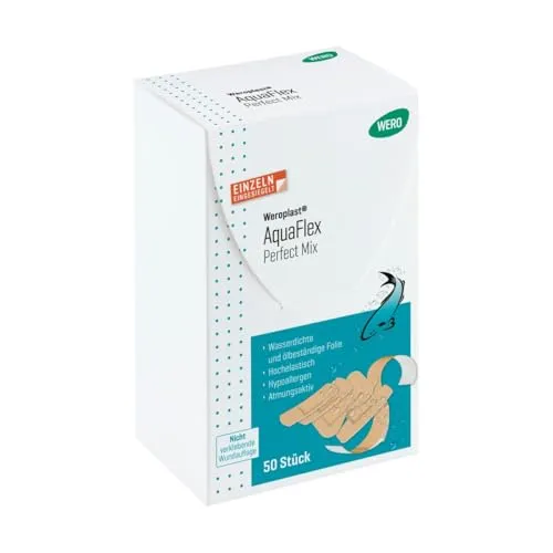 Weroplast® AquaFlex Pflaster – Perfect Mix, 50 Stk - Wasserfestes und hochflexibles Pflaster aus PU-Folie, ideal für feuchte Umgebungen. Hautfreundlich und hypoallergen, perfekt für den täglichen Einsatz in der Küche und bei der Reinigung.