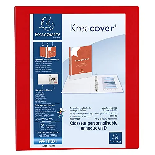 Exacompta 51846RE Präsentationsringbuch KreaCover aus blickdichtem Kunststoff für DIN A4, 4-D Ring Mechanik 25 mm, Rücken 47 mm, rot ideal für Schule und Büro Ringhefter Ringordner Ringbuchordner
