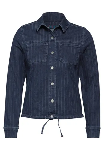 CECIL Damen B212280 Kurze Jeansjacke, Dark Blue wash, S - Funktionsjacke mit trendigem Nadelstreifen-Hemdkragen, praktischen Brusttaschen und einem verstellbaren Tunnelzug für individuellen Tragekomfort.