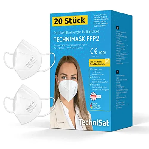 TechniSat TECHNIMASK FFP2 Maske – 20 Stück Atemschutzmaske - Einweg-Atemschutzmasken, 5-lagig für hohen Tragekomfort und zertifizierten Schutz, Made in Germany. Filtert mindestens 94% der Schadstoffe aus der Luft.