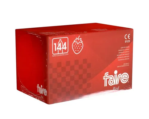 Faire Kondome Red Packung mit, 144 St., Latexkondome mit Erdbeerduft, rote, fruchtige Kondome in der Großpackung