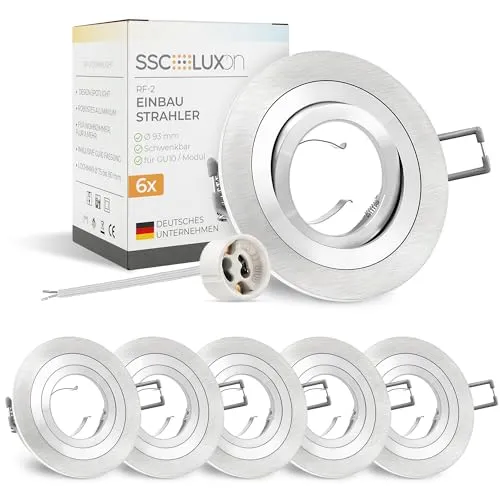 SSC-LUXon 6 Stück RF-2 Einbaustrahler Alu gebürstet rund schwenkbar – Einbauleuchte mit GU10 Fassung (ohne Leuchtmittel) – Spot Einbaurahmen