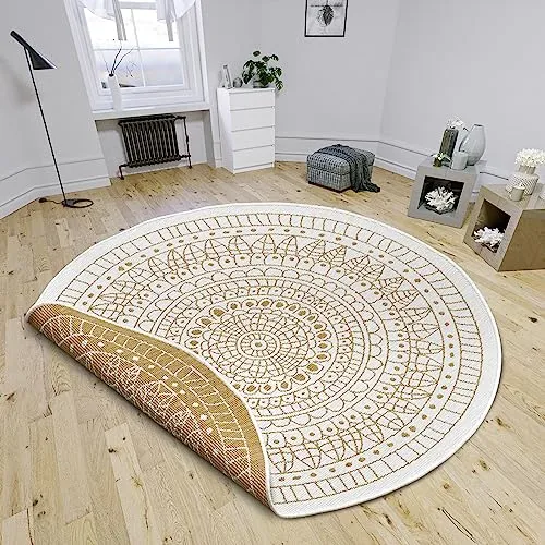 NORTHRUGS Teppich Porto Wendeteppich, rund, gelb Ø 140 cm - Teppich für In- & Outdoor, wetterfest und pflegeleicht, ideal für Balkon, Garten oder Wohnzimmer mit strapazierfähigem Design.