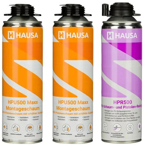 Bauschaum-Set 2+1 Pistolenschaum Montageschaum inkl Pistolen-Reiniger grau HAUSA