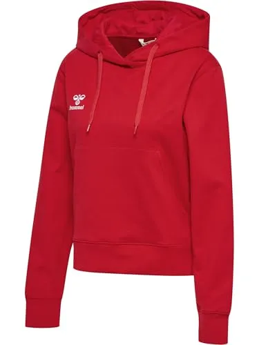 Hummel Go 2.0 Kapuzenpullover Rot XS - Stylischer Damen Hoodie aus 80% Baumwolle und 20% recyceltem Polyester, ideal für Sport und Freizeit. Atmungsaktiv, schnelltrocknend und mit verstellbarer Kapuze für optimalen Schutz.