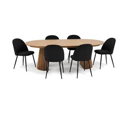 Tokyo Essgruppe 7-tlg. - Natur Esstisch mit schwarzem Velours - Moderne Tisch- & Stuhl-Sets für das Esszimmer, bestehend aus einem runden Esstisch und 6 Stühlen. Hochwertige Materialien für eine stilvolle Einrichtung und gemütliche Abende.