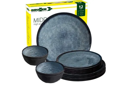 BRUNNER Geschirr-Set Camping Geschirrset VENETIAN (12-tlg) - Rutschfestes Geschirrset aus Stone Touch Melamin, kratz- und bruchfest. Ideal für Camping, Picknick und Grillen, mit Vintage-Design und sicherem Halt.