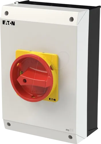 EATON 207349 Hauptschalter 3-pol + N, 63 A - Robuster Hauptschalter mit rotem Griff und abschliessbarem Mechanismus, ideal für den sicheren Betrieb in elektrischen Installationen. Geprüfte Qualität nach IEC/EN 60947-3.