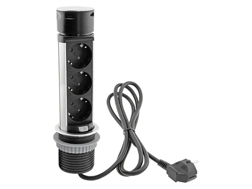 ChiliTec Versenkbare Einbausteckdose 3x Steckdose USB-A USB-C - Edelstahl Rund Ladegerät für Schreibtisch, 2-stufig herausfahrbar mit Pop-up-Effekt und 150cm Kabel