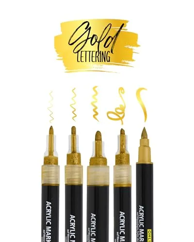 Online 5er-Set Acryl Stifte Gold I Stark deckendes Handlettering Set mit Brush Pen, Fineliner, Kalligrafie Stift & Markern I metallic Acryl Marker für DIY-Projekte I Papier, Glas, Holz, Stein, Stoff