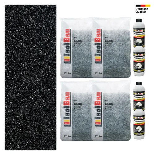 Steinteppich SET Nero 1-4mm Marmorkies 100kg + PU-Bindemittel Set für 10m² - Wegsteine, Kiesel & Harz: Hochwertiger Steinteppich aus schwarzem Marmorkies, frostbeständig und ideal für Balkon, Terrasse oder Pool.