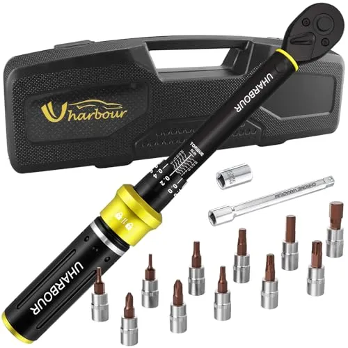 Uharbour Drehmomentschlüssel Fahrrad 1-25 Nm, Kleiner Drehmomentschlüssel 1/4 Fahrrad & Motorrad Set mit Verlängerungsstange, Sechskant, Torx & Phillips, 72 Zähne