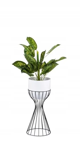 HowHomely Moderne Blumenständer Metall 46 cm Hoch mit Weiß Blumentopf Rund 18 cm Ø auf Robuste Schwarz Ständer - Pflanzenständer zur Dekoration Innenräumen