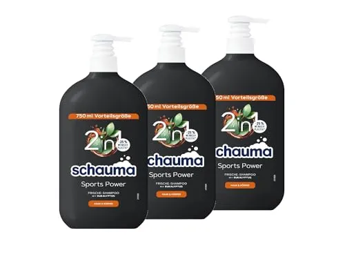 Schauma Schwarzkopf for Men Sports Power Shampoo (3x 750 ml) Kräftigungsshampoo, 2in1 Formel zum waschen von Haar und Körper, Erlebe mit Carnitin-T & Protein den Frische-Kick