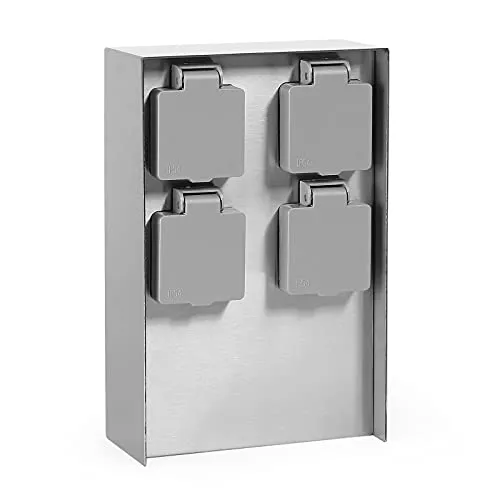 Gartensteckdose 4-fach aus Edelstahl - Rasenmäherersatzteile & Rasenmäherzubehör – Robuste Steckdosensäule mit 4 Anschlussmöglichkeiten, IP44 wetterfest, ideal für den Außeneinsatz.