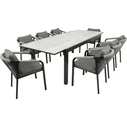 Garnitur FARO 9-teilig: Alu + Glas + Rope grau - Gartenmöbel-Set FARO – Ausziehbarer Tisch für bis zu 10 Personen, wetterfest und pflegeleicht, ideal für gesellige Abende im Freien.