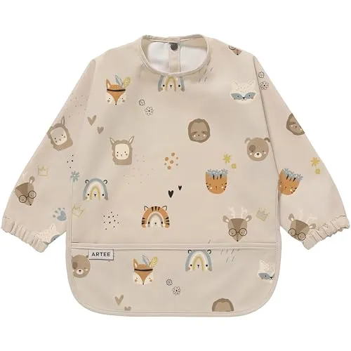 ARTEE Ärmellätzchen beschichtet wasserfest abwischbar Lätzchen mit Ärmeln, Baby, Wasserdichtes Lätzchen, ideal als Geschenk (Baby Animals, M)