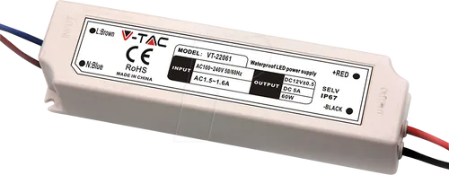 VT-3234 LED-Trafo 60 W, 12 V DC, 5 A, IP67 - Treiber mit festen Anschlussleitungen, kurzschlusssicher und überlastgeschützt, ideal für verschiedene LED-Beleuchtungen und -Streifen mit Niederspannungsanschluss.