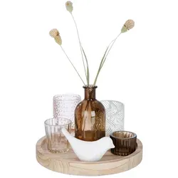 GILDE 7 teiliges Geschenkset – Deko Teelichthalter mit Tablett - Nussknacker Deko-Set für Wohnzimmer: 7-teiliges Set mit stilvollen Teelichthaltern, Vase und Dekovogel in Braun- und Naturtönen, ideal für verschiedene Einrichtungsstile und Anlässe.