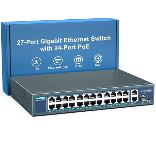Port Gigabit PoE Switch Unmanaged, YuanLey 27-Port Gigabit PoE mit 2 Uplink & 1 SFP, Rackmount, 400W integriertes Netzteil, Unterstützt 802.3af/at, Plug & Play, One-Key VLAN, Metallgehäuse 24