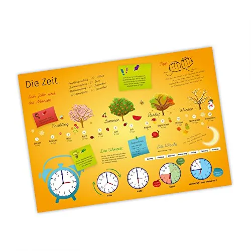 nikima - Kinder Lernposter Uhrzeit Jahreszeiten - Plakat für Kindergarten Schule Schulanfang Schuleintritt Einschulung Kinderzimmer Deko Wandbild - Größe DIN A3-420 x 297 mm