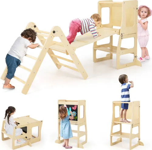 COSTWAY Kletterdreieck mit Rutsche 7-in-1 für Kinder - Vielseitiges 7-in-1 Klettergerüst aus Holz mit Rutsche, Kletterleiter und Krabbeltunnel. Fördert spielerisch die motorischen Fähigkeiten und bietet sicheren Spielspaß für Kinder von 3 bis 14 Jahren.