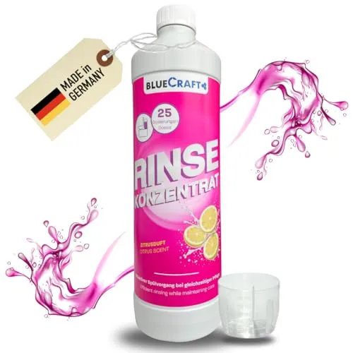Bluecraft Rinse Sanitärflüssigkeit für Campingtoilette 1 L – Spülwasserzusatz – Toilettenchemie – WC Camping Toilette Chemie Sanitärkonzentrat für Chemietoilette Spültank Zusatz mit Zitrusduft