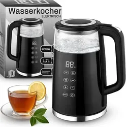 Glas Wasserkocher 1.7L, 2200W mit Temperatureinstellung 70°- 100°C, Touch-Display, Elektrisch, Warmhaltefunktion, 360°-Basis, BPA-frei, Schwarz,... - Schwarz