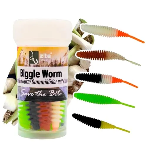 Zite Fishing Biggle Worm Gummiköder | 8 Stück Lamellen-Gummiwurm für Ultra Light Forellen Angeln | Made in Germany | 100% Phthalatfrei (Allround, Knoblauch)