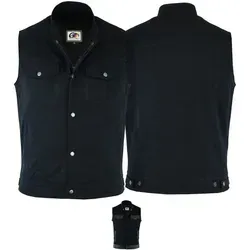 German Wear Denim Motorrad Biker Kutte Weste schwarz 48 - Motorradwesten aus robustem Denim mit stilvollen Lammnappa-Lederstreifen, ideal für Biker. Praktisches Design mit viel Stauraum und komfortabler Polyester-Innenausstattung.