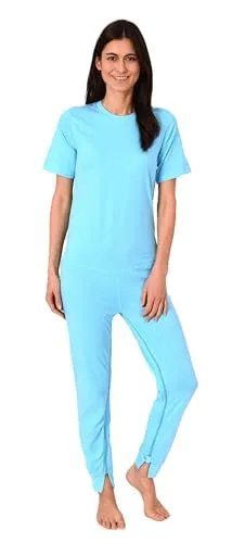 Normann Care Damen Pflegeoverall Kurzarm Pyjama mit Langen Bein und Reißverschluss am Rücken und Bein, Farbe:türkis, Größe:S
