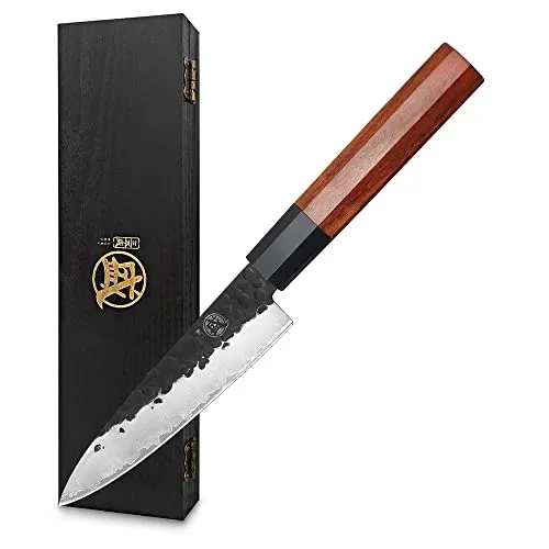 MITSUMOTO SAKARI Handgeschmiedetes Gemüsemesser, 14 cm Küchenmesser | Japanisches Küchenmesser Profi, Kleines Kochmesser, Rosenholzgriff und Boutique-Holzkiste