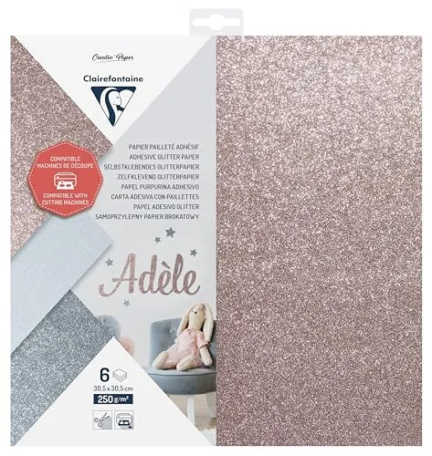 Clairefontaine 95735C - Packung mit 6 Blatt Schneidepapier 250g, selbstklebendes Glitterpapier, 30,5x30,5cm, ideal für kreative Projekte, farbig sortiert, 1 Pack