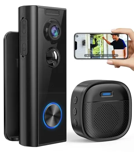Ankway 2,4GHz WLAN Video Türklingel mit Kamera – 2K FHD Verstellbare Türklingel mit Chime, PIR-Erkennung, Nachtsicht, 2-Wege-Audio, wasserdicht, batteriebetrieben, SD und Cloud Speicher